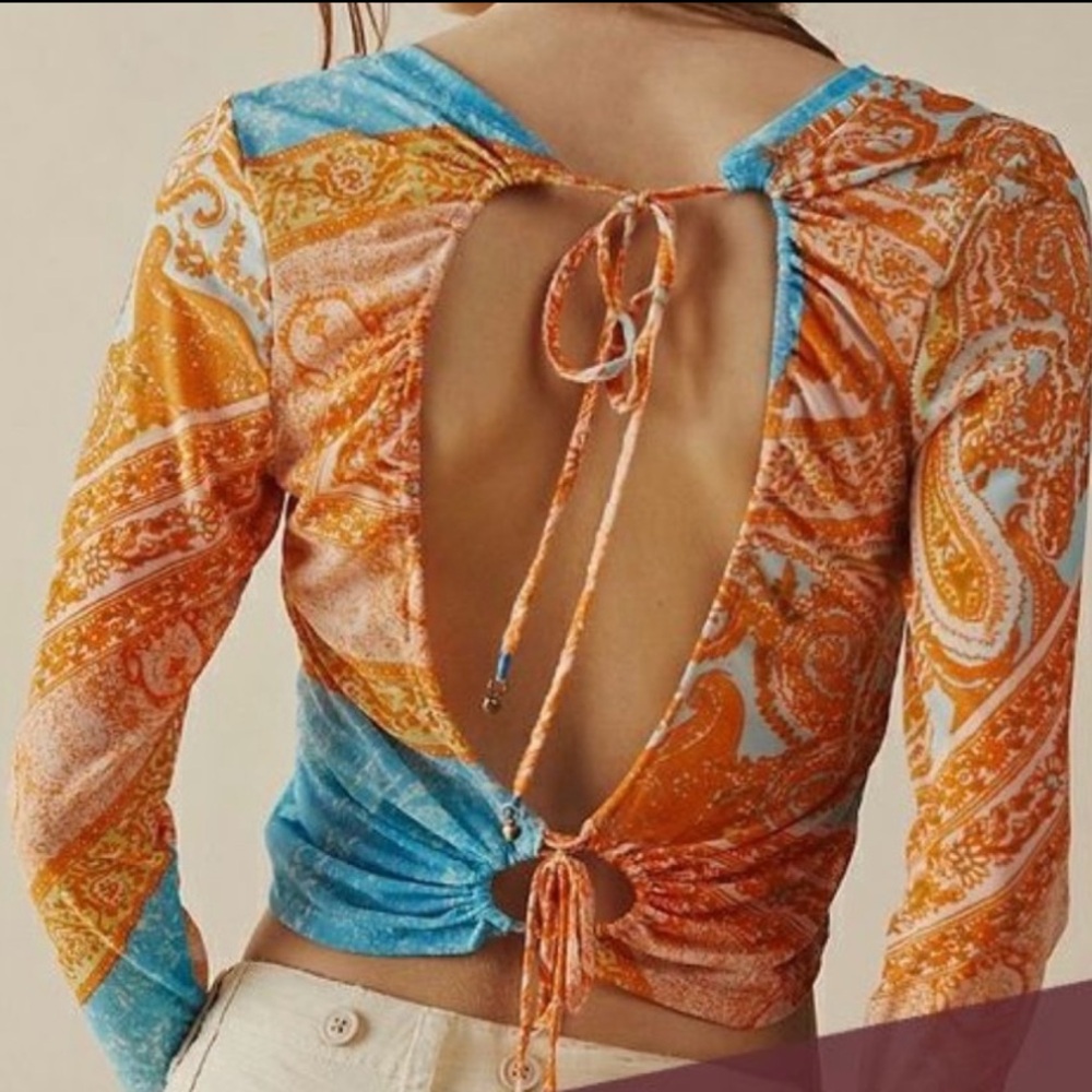Paisley Open-Back Women Top - Orange and Blue